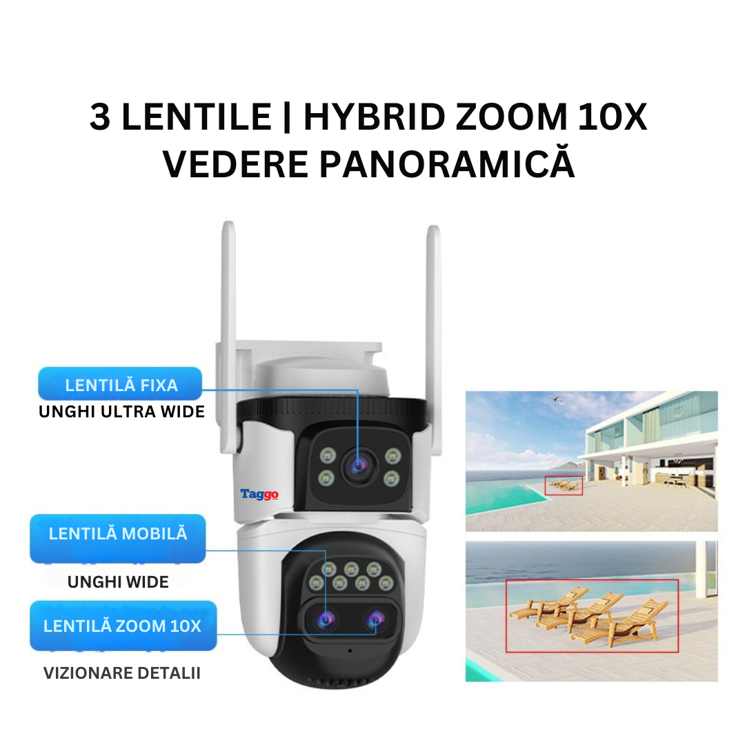 Camera de Supraveghere WIFI, 3 lentile, 6K 12MP, Auto Zooming 10x hybrid, Notificari, Control din Aplicatie, Urmarire Automata
