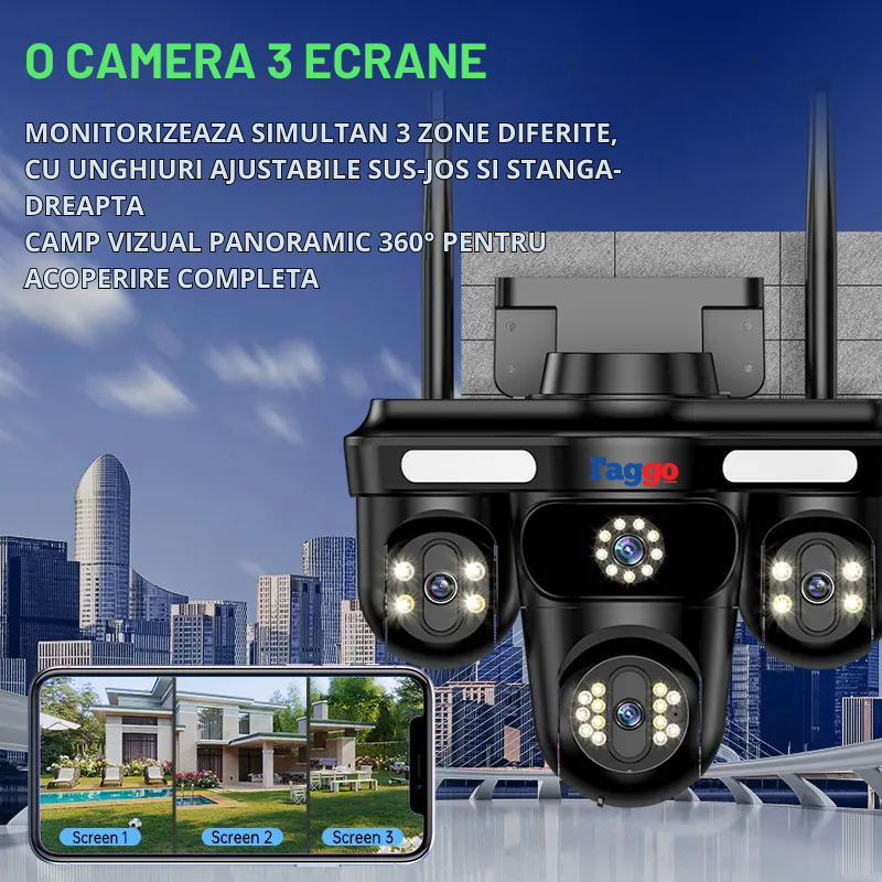 Camera de Supraveghere Crocodil, Conexiune 4G, 3 Lentile, 12 MP, Vedere Panoramica, Night vision