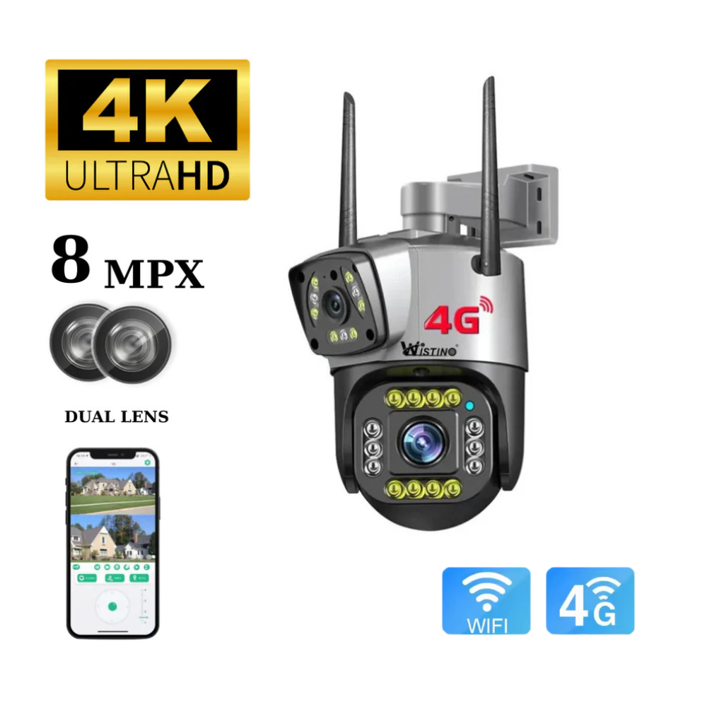 Camera supraveghere 4G Cartela SIM 4K, 8MP, Control din aplicatie, 2 lentile, Urmarire automata, Rezistenta la apa IP66