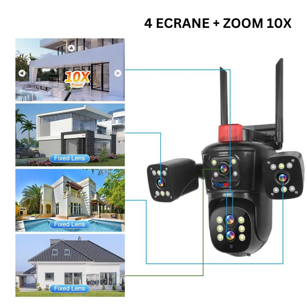Camera de supraveghere WIFI 10K, 20MP, Zoom 10X, 5 lentile, Control din aplicatie, Comunicare bidirectionala, Urmarire automata, Multi lens - Taggo.ro