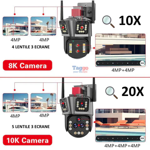 Camera de supraveghere WIFI 10K, 20MP, Zoom 20X, 5 lentile, Control din aplicatie, Comunicare bidirectionala, Urmarire automata, Card 128GB - Taggo.ro