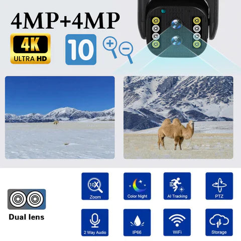 Camera de Supraveghere Wifi Exterior 4K 8MP (4MP+4MP), Zoom 10x, Notificari, Control din Aplicatie, Urmarire Automata - Taggo.ro