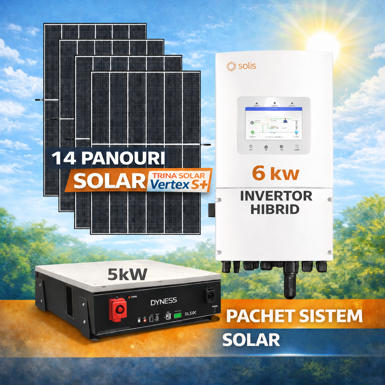 Sistem Fotovoltaic 6.37 kW cu 14 Panouri Solare + Invertor Solis 6 kW Monofazat + Baterie LiFePO4 5.12 kWh