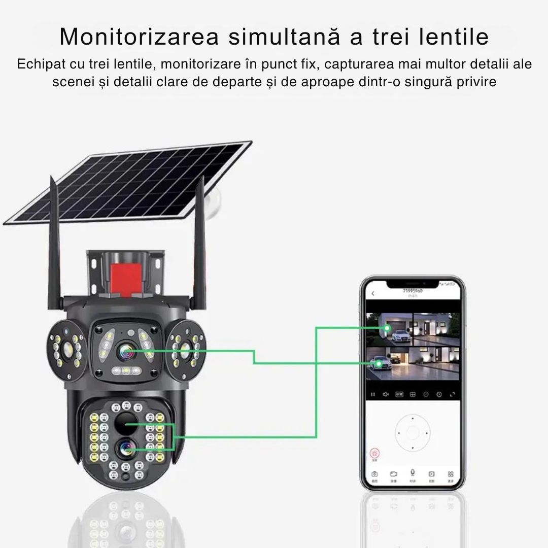 Camera Supraveghere 12MP 4G cu panou solar 10W, Multi-Lentile 3x4MP, Zoom optic 10X, 12xLED IR + 12xLED Alb, IP66