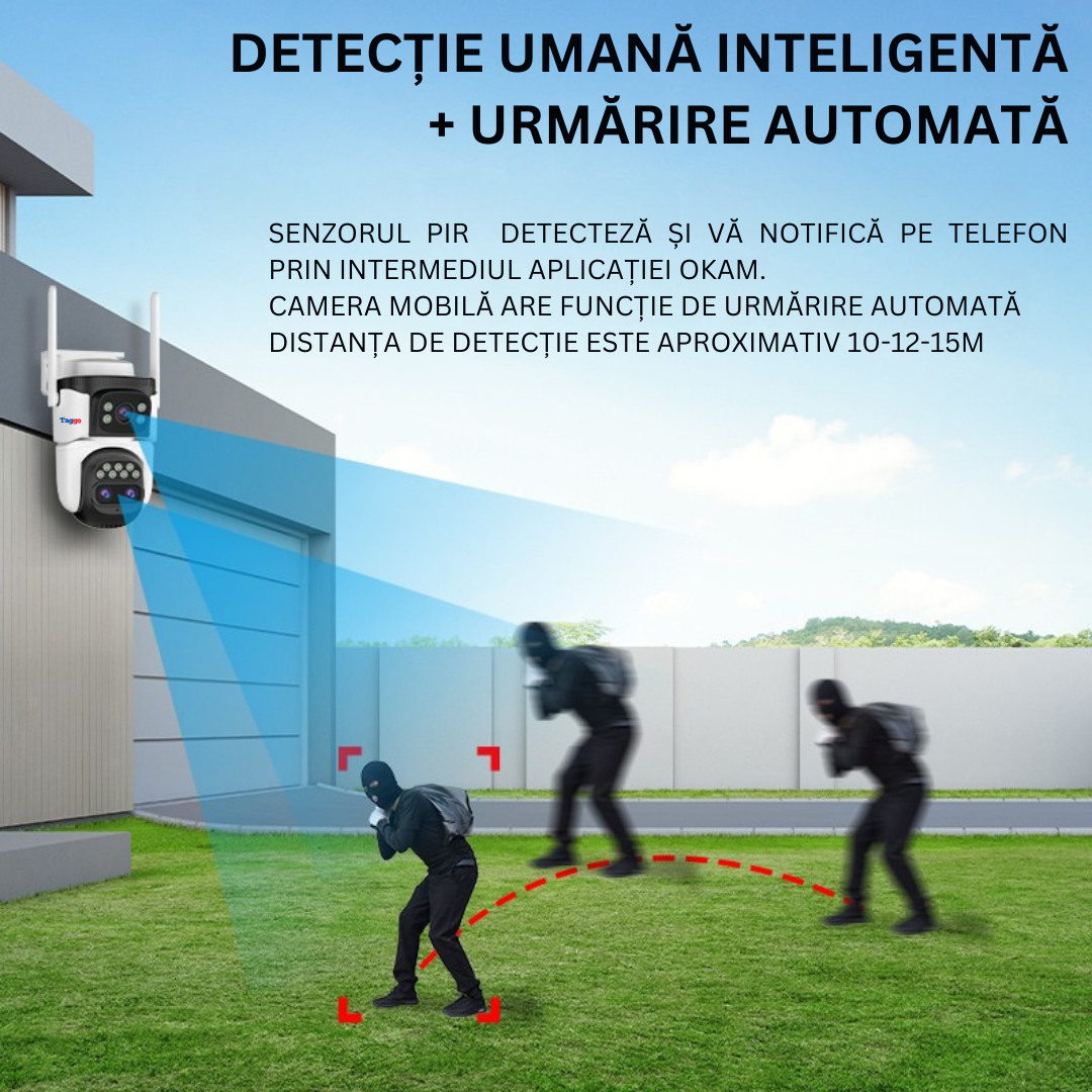 Camera de Supraveghere WIFI, 3 lentile, 6K 12MP, Auto Zooming 10x hybrid, Notificari, Control din Aplicatie, Urmarire Automata