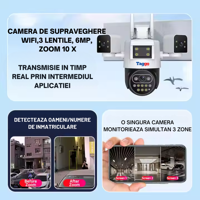 Camera de Supraveghere Taggo, Conexiune 4G, 6MP, ZOOM 10X, 3 lentile, Control din aplicatie, Rezistenta la apa