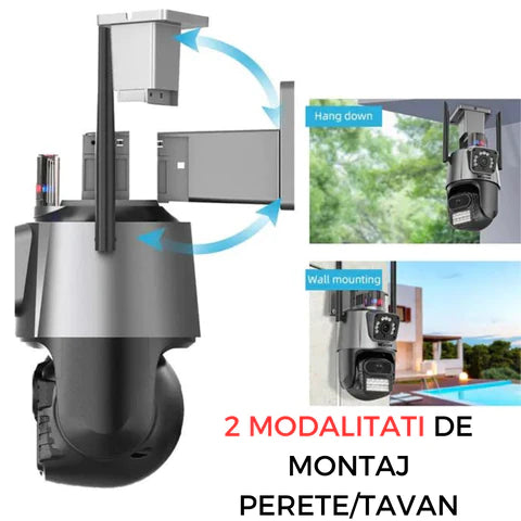 Camera de supraveghere WIFI 4K, 8MP, 2 lentile, Control din aplicatie, Urmarire automata, Rezistenta la apa IP66