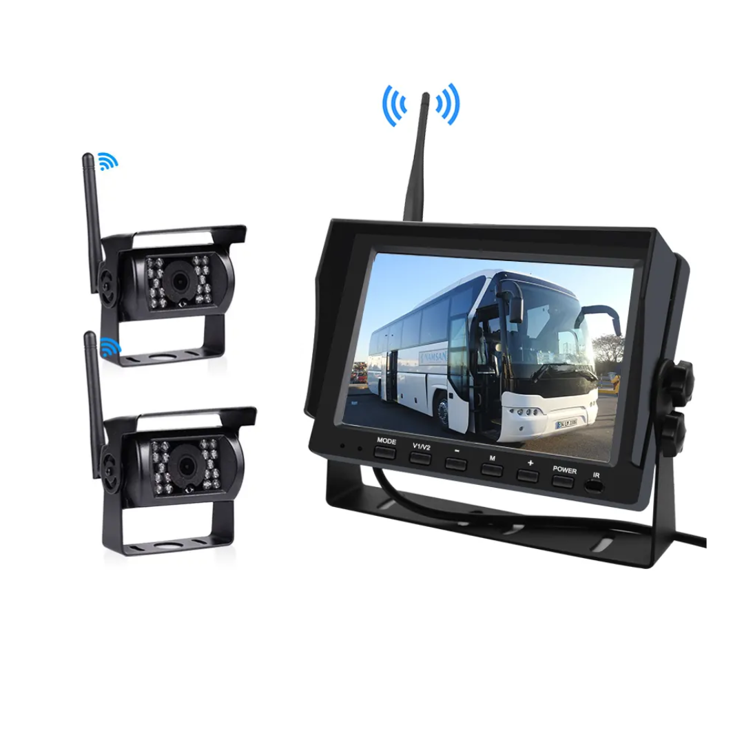 KIT Camere de Supraveghere Auto 5mp Wireless, metalice IR cu Monitor 7 inch, pentru tiruri, autocare, camioane 12V-24V
