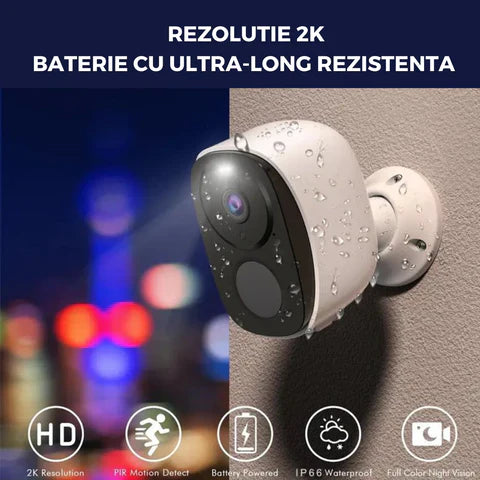 Camera de supraveghere WIFI 2K, 4MP, Baterie incorporata, Control din aplicatie,Rezistenta la apa IP66