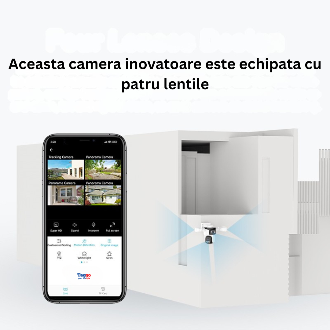 Camera supraveghere WiFi, Audio Bidirectional, 16MP, Patru Lentile HD, Vedere panoramica 360°, PTZ