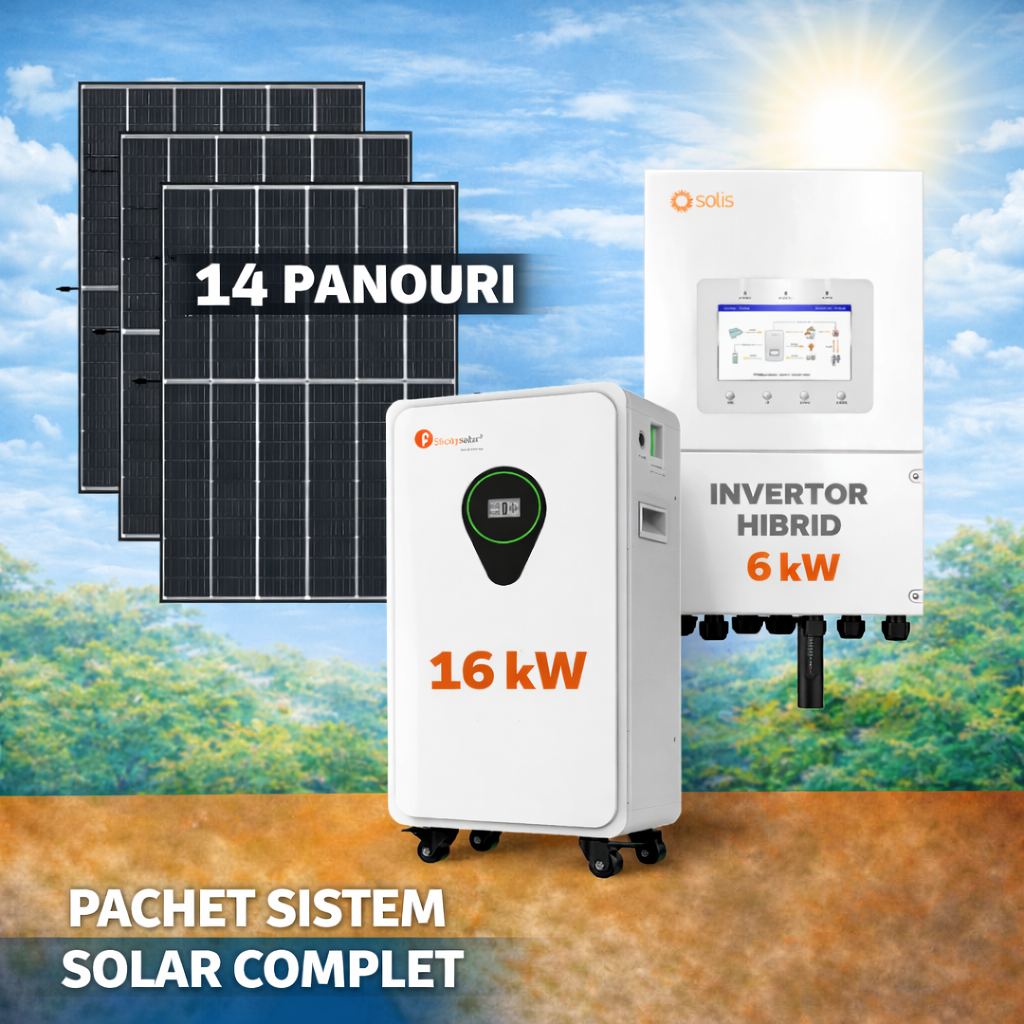 Sistem Fotovoltaic Complet 6.37 kW cu 14 Panouri Solare + Invertor Solis 6 kW Monofazat + Stocare LiFePO4 16 kWh