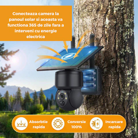 Camera de Supraveghere Black 5mp cu Incarcare Solara WiFi, Rain Charging, Rotire Din Aplicatie, Rezistenta La Apa IP 66