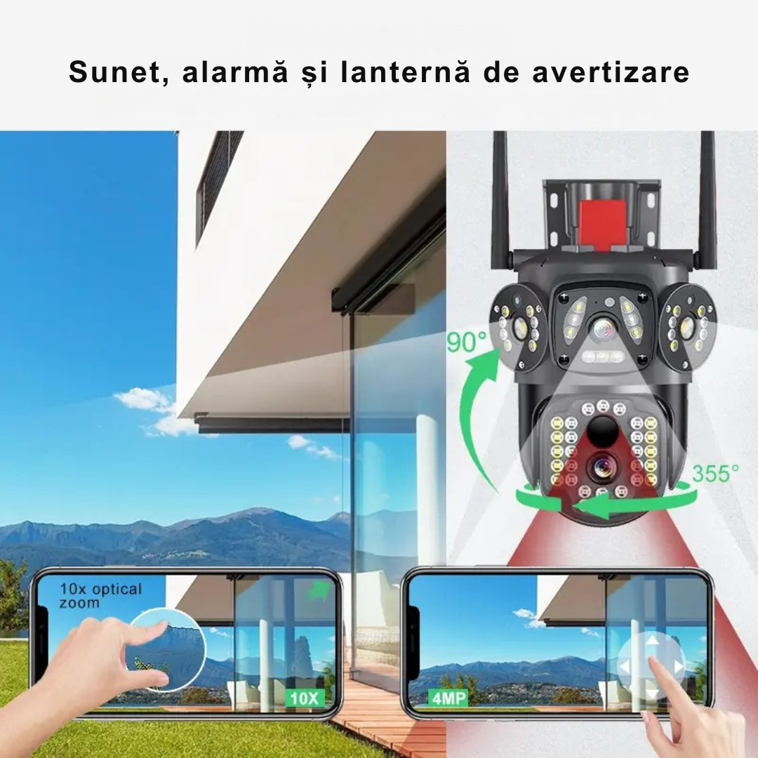 Camera Supraveghere 12MP 4G cu panou solar 10W, Multi-Lentile 3x4MP, Zoom optic 10X, 12xLED IR + 12xLED Alb, IP66