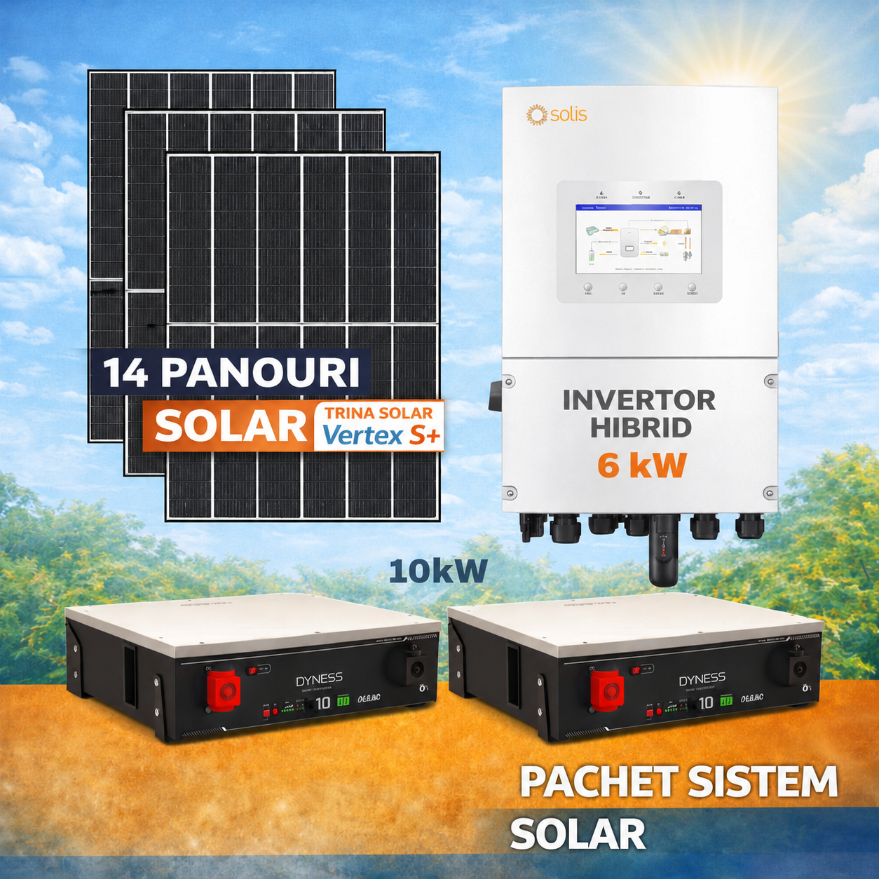 Sistem Fotovoltaic 6.37 kW cu 14 Panouri Solare + Invertor Solis 6 kW Monofazat + Stocare LiFePO4 10.24 kWh