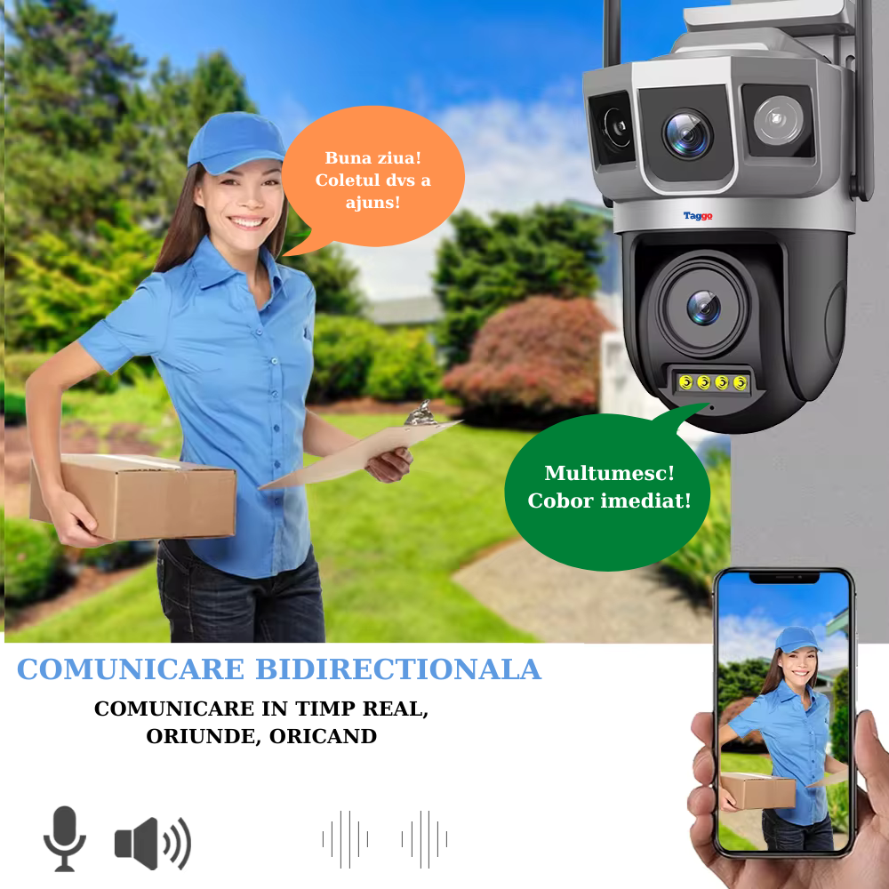 Camera de supraveghere WIFI 8MP, 2 lentile, Control din aplicatie, Urmarire automata, Rezistenta la apa IP66