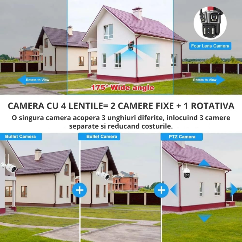 Camera de supraveghere Zoom 10X, WIFI 8K, 16MP, 4 lentile, Control din aplicatie, Comunicare bidirectionala, Urmarire automata