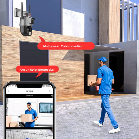 Camera de supraveghere WIFI 4K, 8MP, 2 lentile, Control din aplicatie, Urmarire automata, Rezistenta la apa IP66