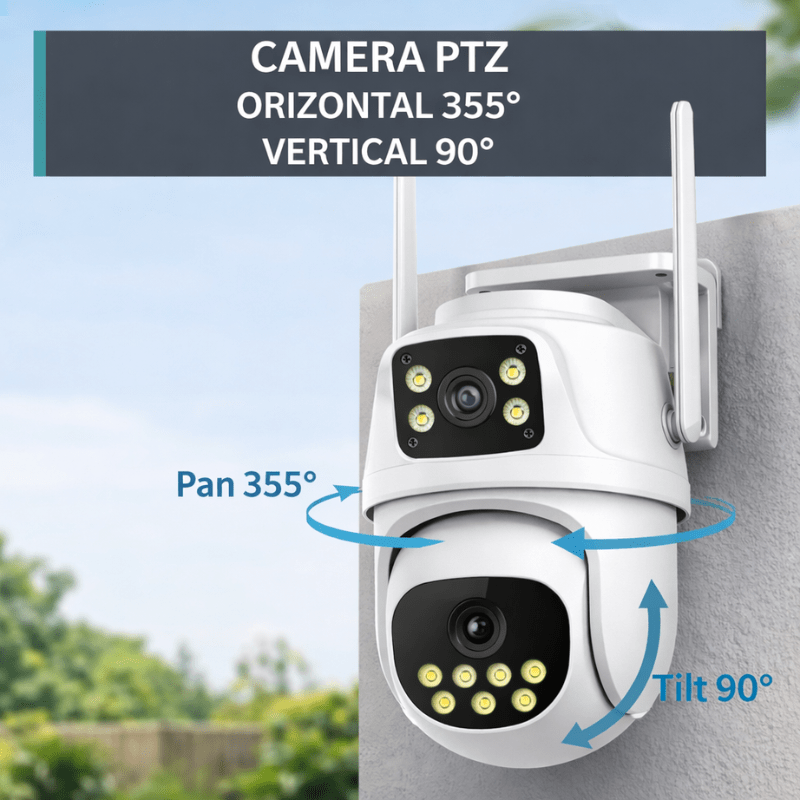 Camera de supraveghere WIFI 4K, 2 lentile, Control din aplicatie, Urmarire automata, Rezistenta la apa IP66