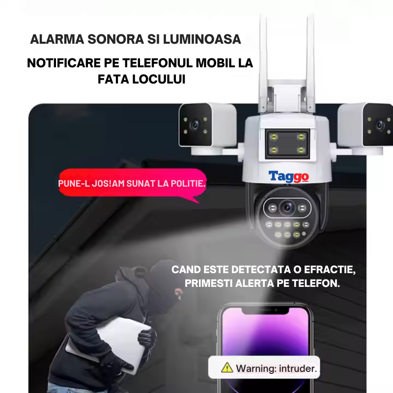 Camera de Supraveghere Taggo, Conexiune 4G, 6MP, ZOOM 10X, 3 lentile, Control din aplicatie, Rezistenta la apa