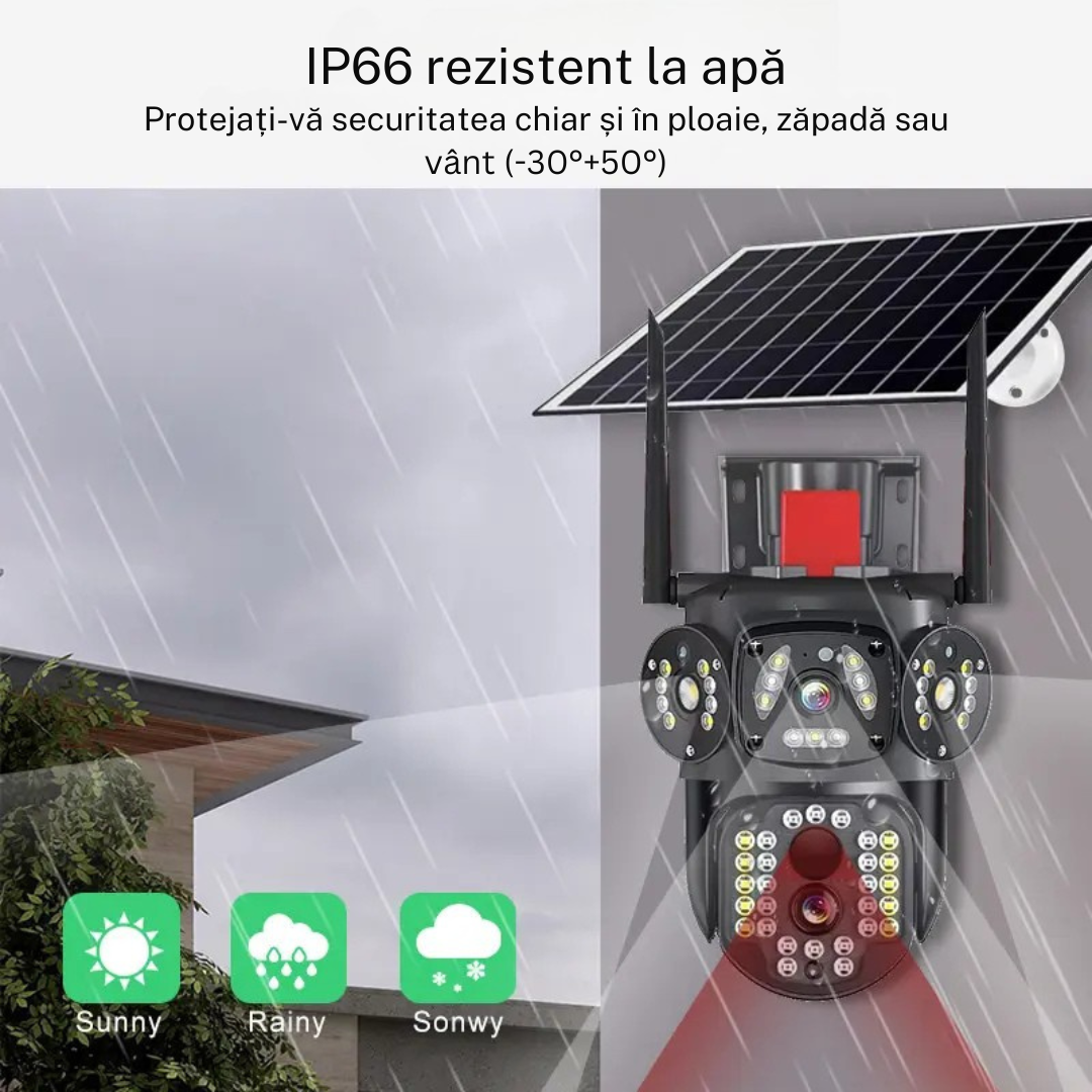 Camera Supraveghere 12MP 4G cu panou solar 10W, Multi-Lentile 3x4MP, Zoom optic 10X, 12xLED IR + 12xLED Alb, IP66