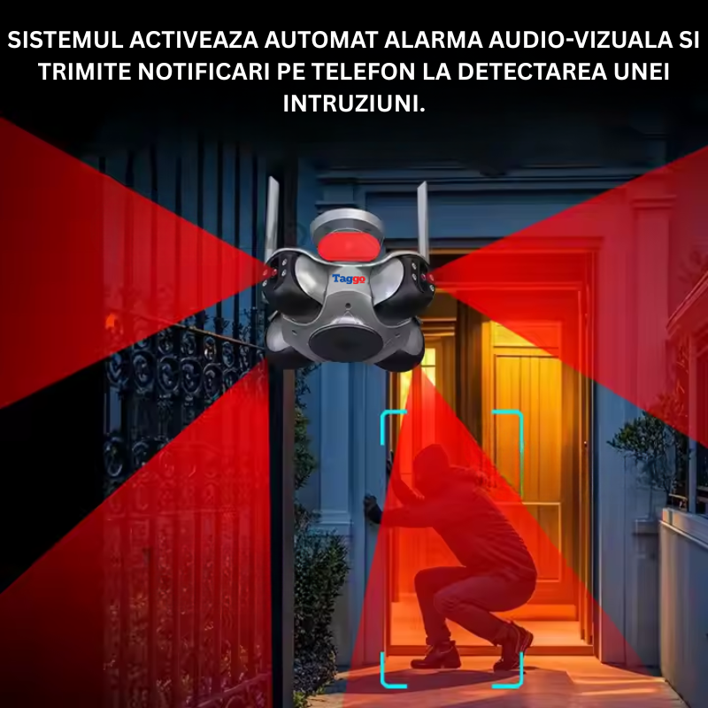 Camera de Supraveghere WiFi 8K, Control din Aplicatie, Detectia Miscarilor, Alarma Sonora, 4 Lentile PTZ, IP66, Comunicare Bidirectionala