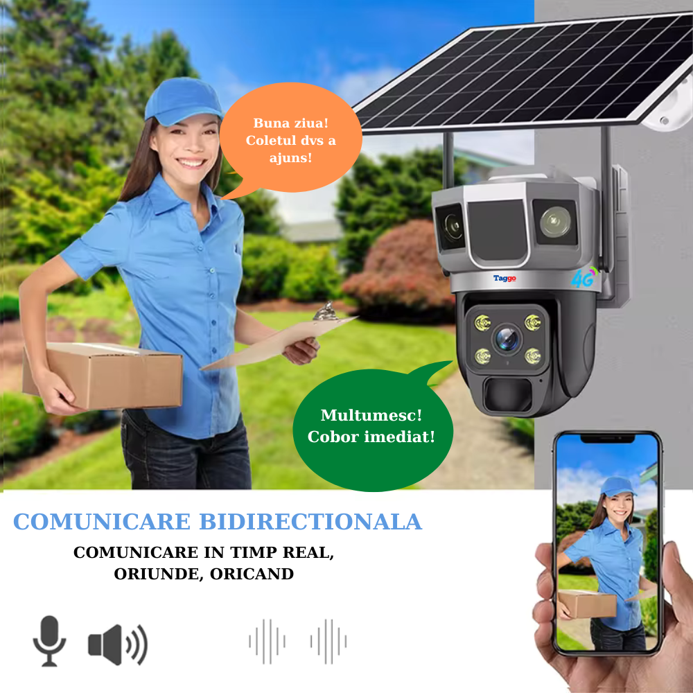 Camera de Supraveghere Solara 4G Cartela SIM, Online 24h, 5 MP, Zoom 10X, Full HD, Panou Solar 10W Rezistenta La Apa IP 66