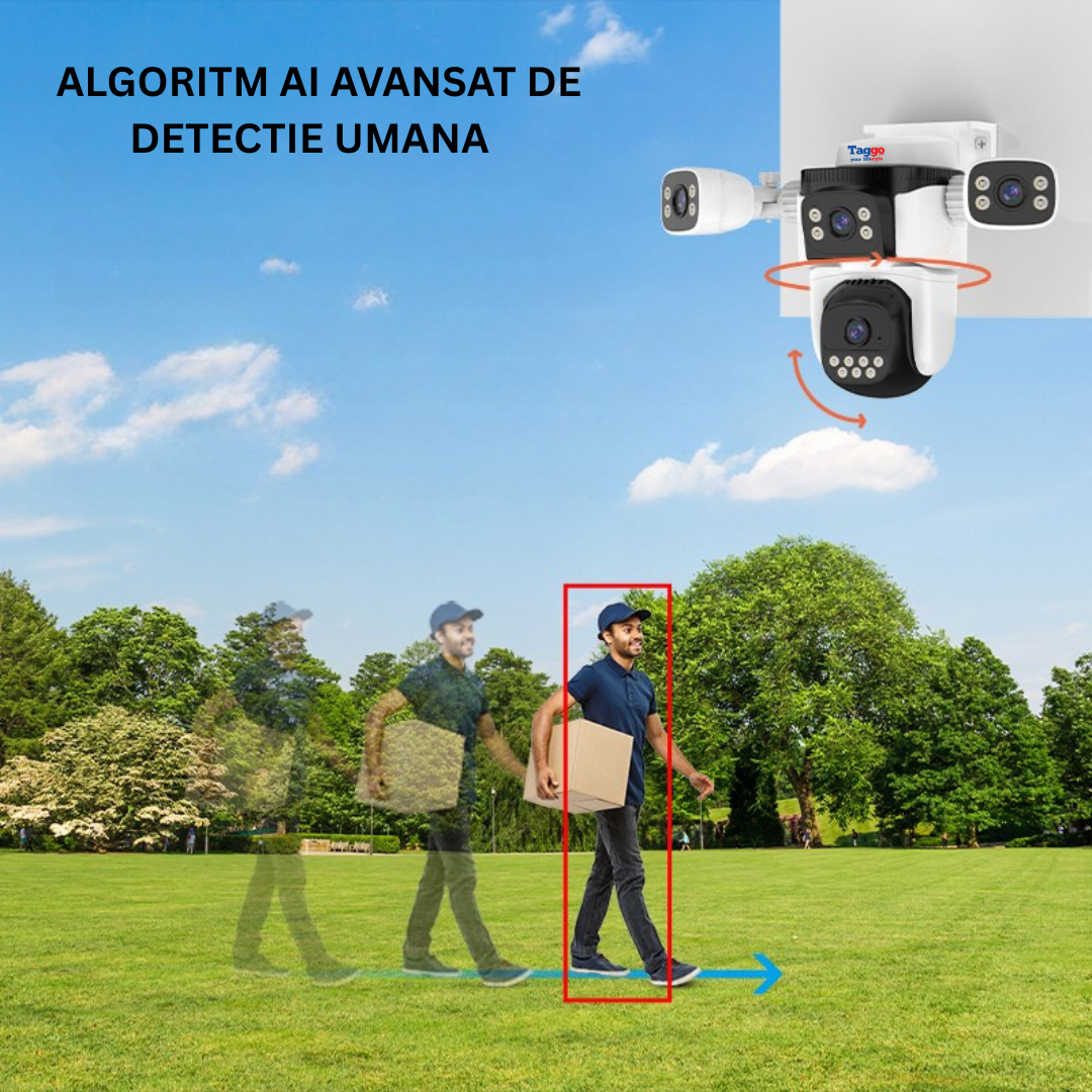 Camera supraveghere WiFi, Audio Bidirectional, 16MP, Patru Lentile HD, Vedere panoramica 360°, PTZ