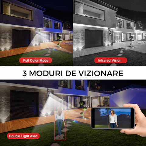 Camera de supraveghere WIFI 4K, 8MP, 2 lentile, Control din aplicatie, Urmarire automata, Rezistenta la apa IP66