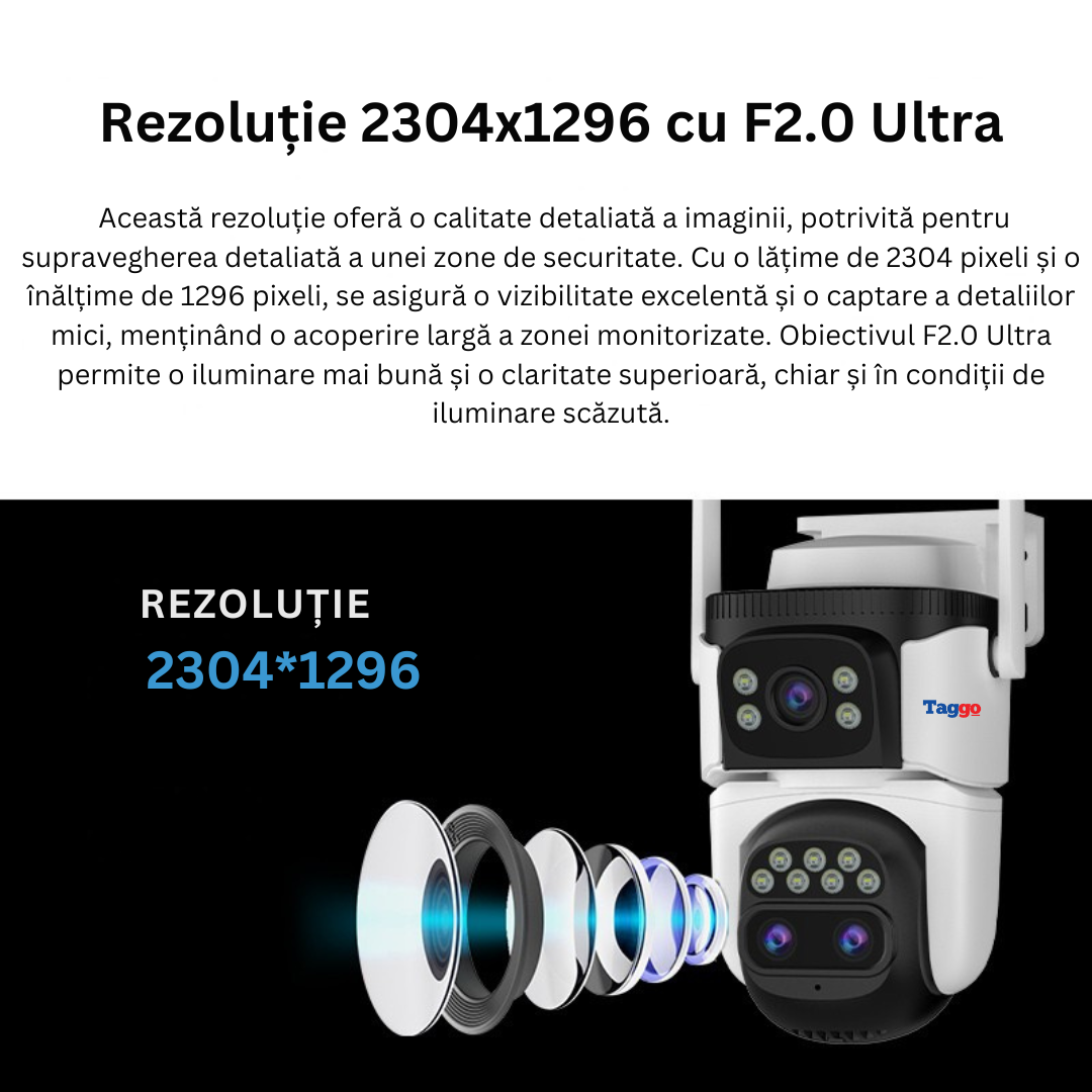 Camera de Supraveghere WIFI, 3 lentile, 6K 12MP, Auto Zooming 10x hybrid, Notificari, Control din Aplicatie, Urmarire Automata