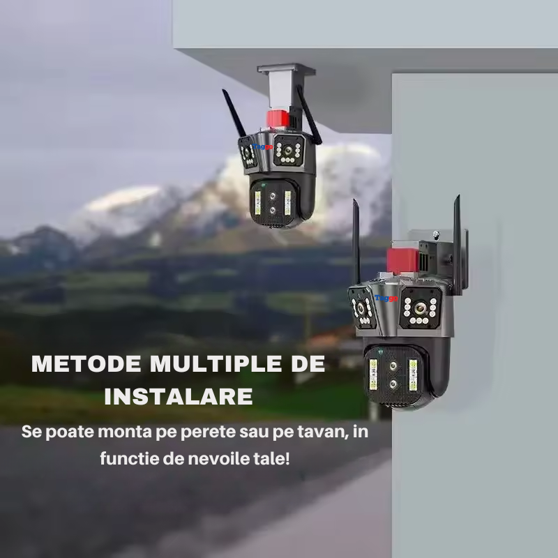 Camera de supraveghere Zoom 10X, WIFI 8K, 16MP, 4 lentile, Control din aplicatie, Comunicare bidirectionala, Urmarire automata