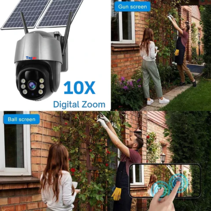 Camera de Supraveghere Solara 4G Cartela SIM 5 MP, Zoom 10X, Full HD 1080p, Panou Solar Dublu 20W, Rezistenta La Apa IP 66, Gri, Card 64GB