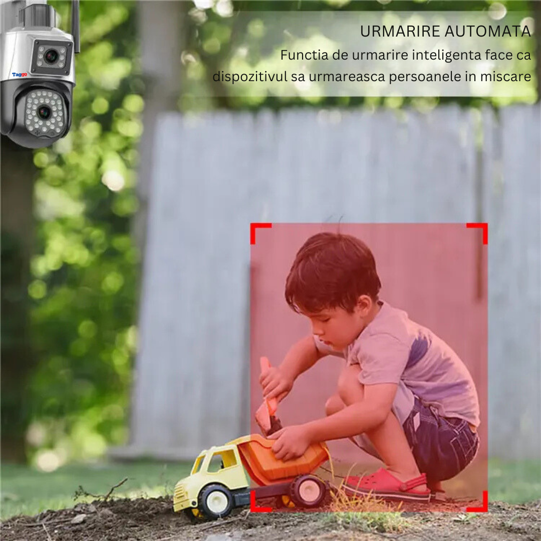 Camera de supraveghere WIFI 3K, 6MP, 2 lentile, Urmarire automata, Control din aplicatie, Rezistenta la apa IP66