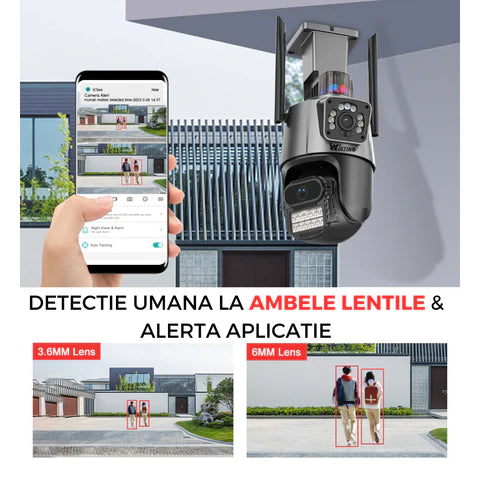 Camera de supraveghere WIFI 4K, 8MP, 2 lentile, Control din aplicatie, Urmarire automata, Rezistenta la apa IP66