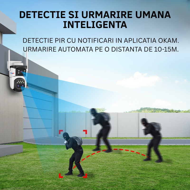 Camera de Supraveghere WIFI, 3 lentile, 6K 12MP, Auto Zooming 10x hybrid, Notificari, Control din Aplicatie, Urmarire Automata
