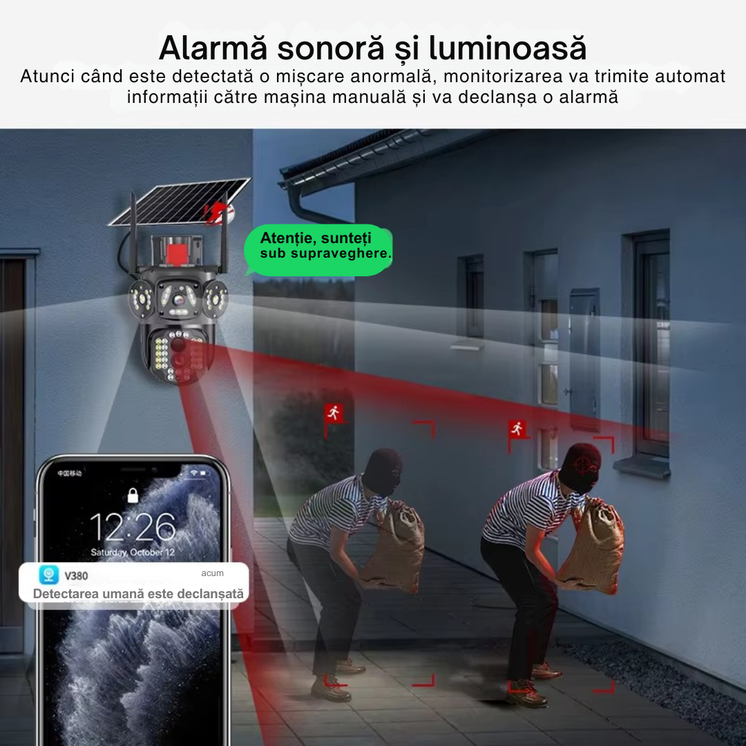 Camera Supraveghere 12MP 4G cu panou solar 10W, Multi-Lentile 3x4MP, Zoom optic 10X, 12xLED IR + 12xLED Alb, IP66