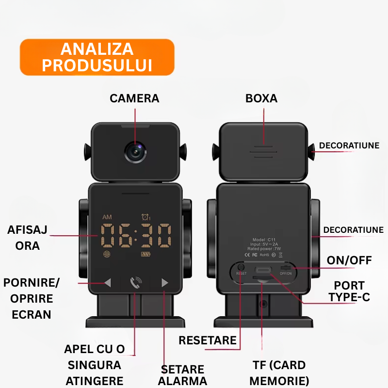 Camera de Securitate cu Ceas de Perete – WiFi, Tuya Smart, Detectie Miscare, Alarma, Vedere Nocturna Color, Apel cu o Atingere