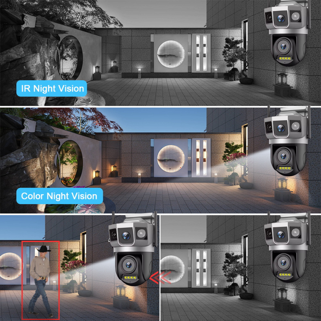 Camera de supraveghere WIFI 8MP, 2 lentile, Control din aplicatie, Urmarire automata, Rezistenta la apa IP66