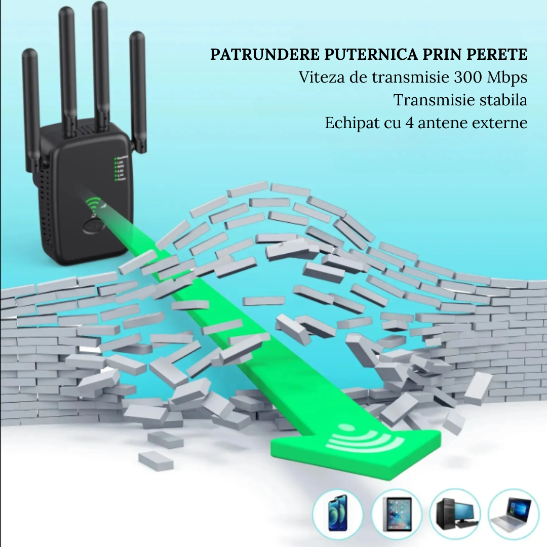 Amplificator WiFi 300 Mbps, Retea 2.4G, Black – Semnal Puternic, acoperire extinsa si conexiune stabila