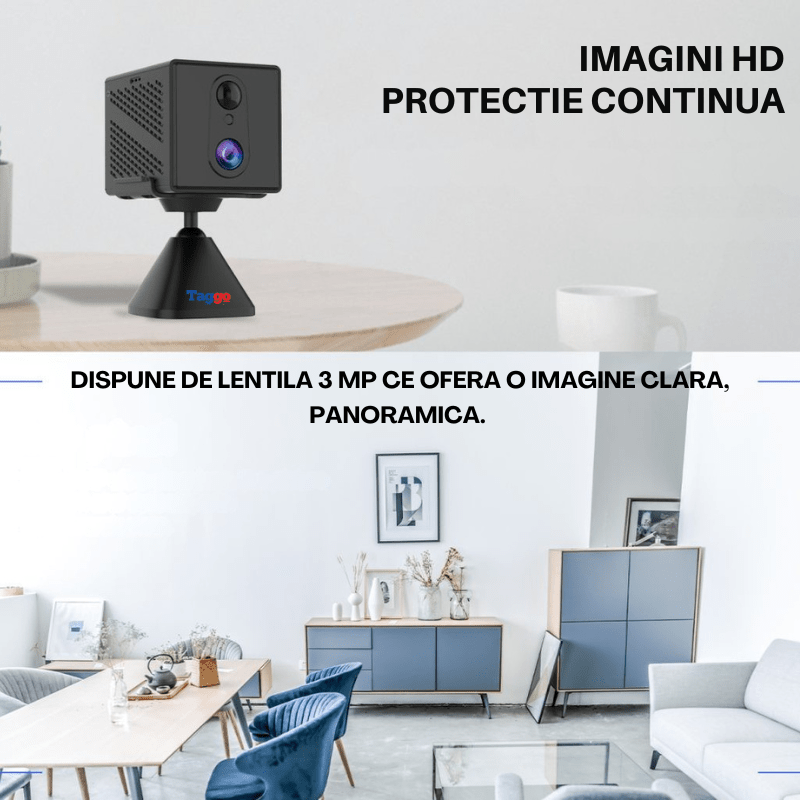 Mini cameră de supraveghere WiFi Taggo cu acumulator 2000mAh, detectie umană PIR și viziune nocturnă.