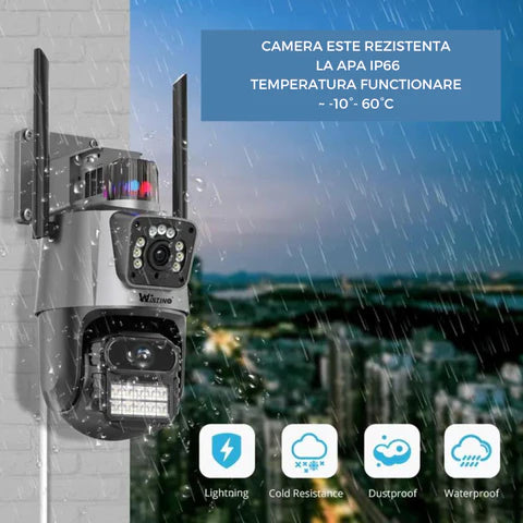 Camera de supraveghere WIFI 4K, 8MP, 2 lentile, Control din aplicatie, Urmarire automata, Rezistenta la apa IP66
