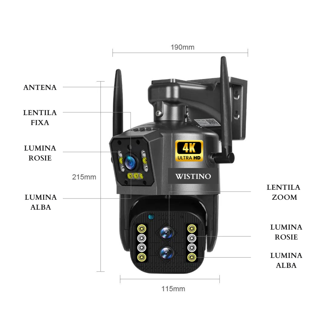 Camera de Supraveghere Wifi Exterior 4K 8MP (4MP+4MP), Zoom 10x, Notificari, Control din Aplicatie, Urmarire Automata - Taggo.ro