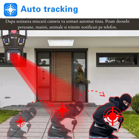 Camera de supraveghere WIFI 10K, 20MP, Zoom 20X, 5 lentile, Control din aplicatie, Comunicare bidirectionala, Urmarire automata, Card 128GB - Taggo.ro