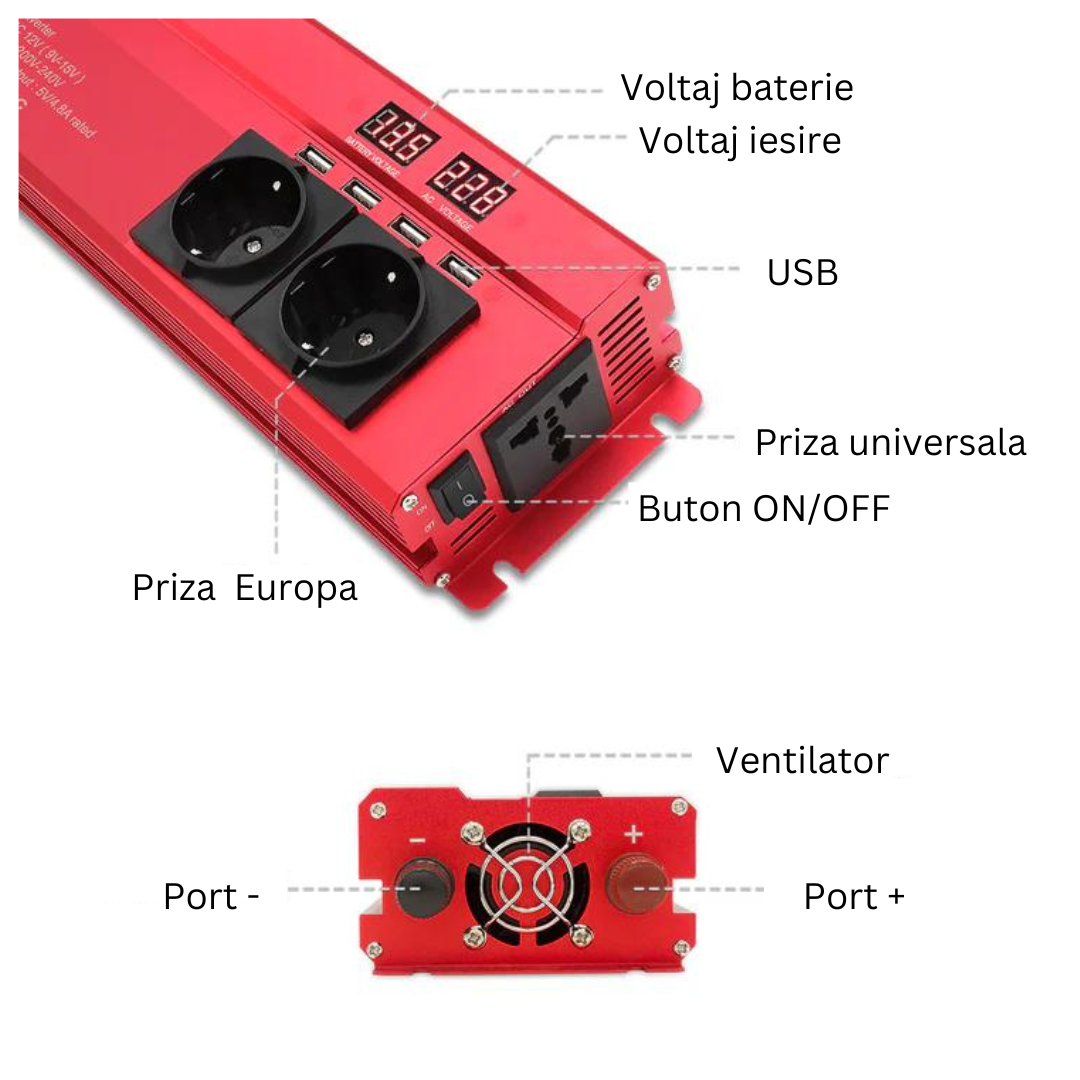 Invertor 12v 220v 1500w cu Display, 3 Iesiri AC Protectie Scurtcircuit 4 USB, Adaptor Auto Inclus