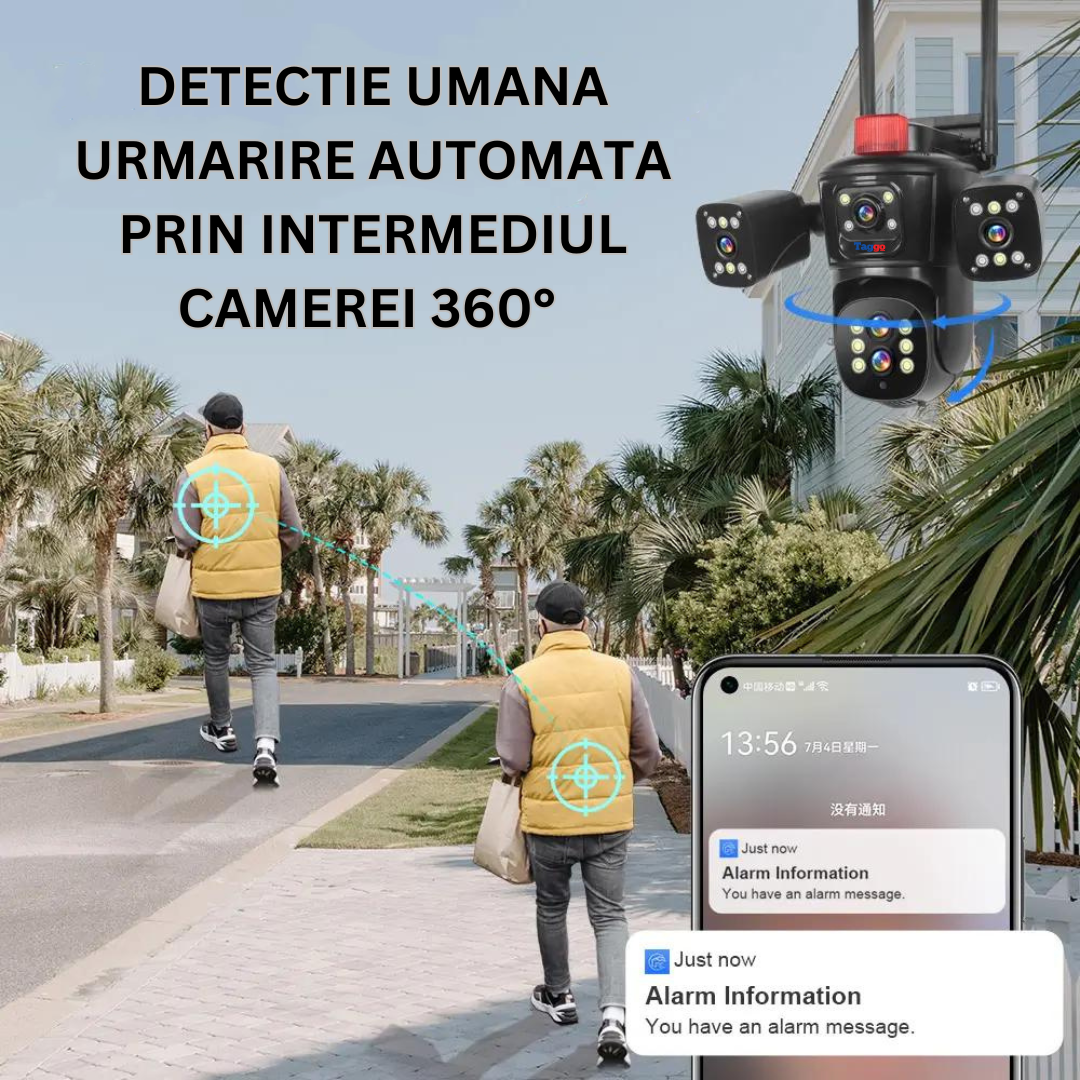 Camera de supraveghere WIFI 10K, 20MP, Zoom 10X, 5 lentile, Control din aplicatie, Comunicare bidirectionala, Urmarire automata, Multi lens - Taggo.ro