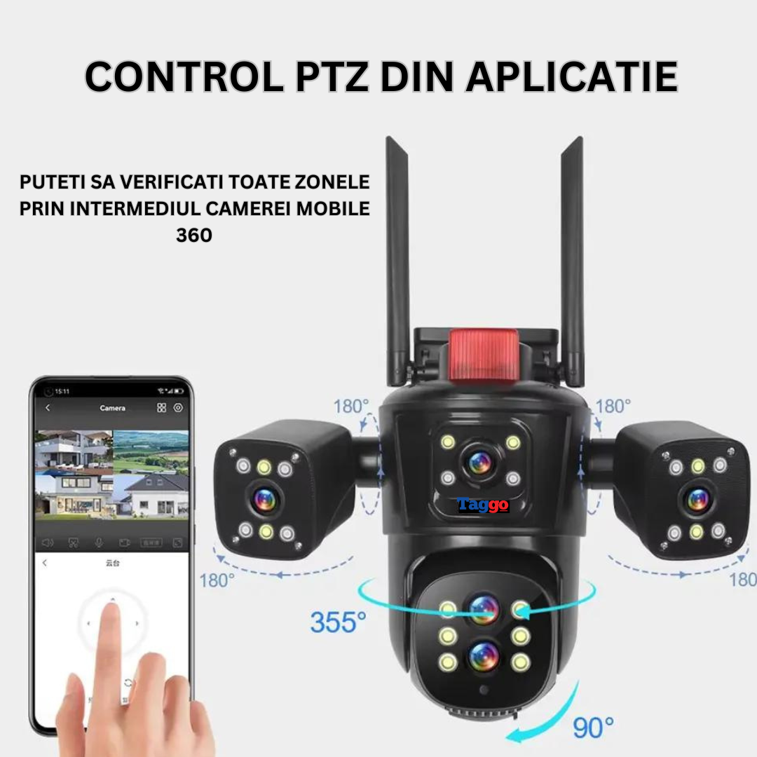 Camera de supraveghere WIFI 10K, 20MP, Zoom 10X, 5 lentile, Control din aplicatie, Comunicare bidirectionala, Urmarire automata, Multi lens - Taggo.ro