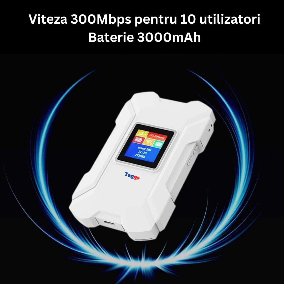 Router Wireless Portabil 150Mbps Maxim 300Mbps, Slot Cartela SIM 4G LTE, acumulator inclus 3000mAh, 10 Utilizatori