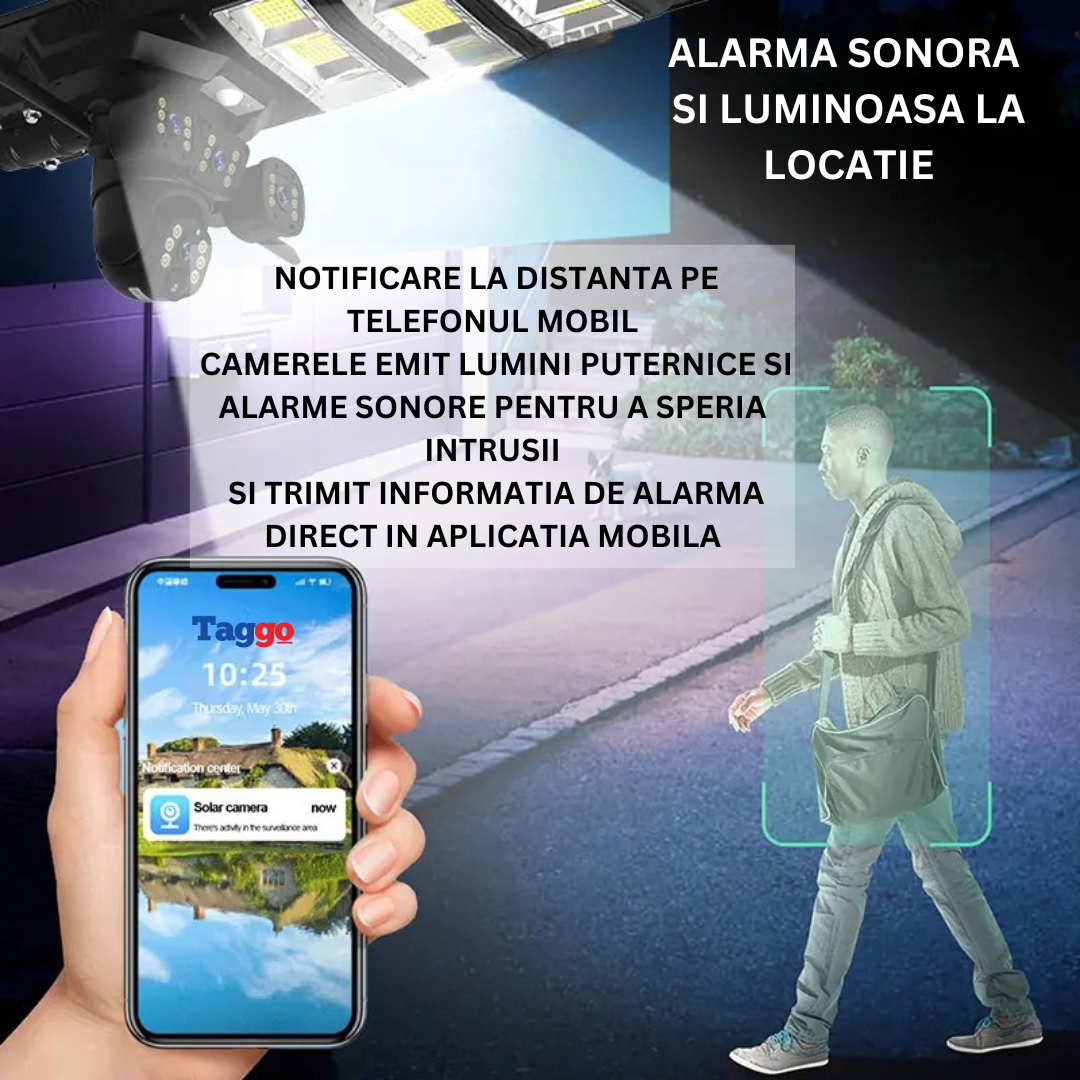 Lampa stradala cu camera 4G si incarcare solara, 9MP, 20000mAh, Taggo Pro, viziune nocturna, IP66