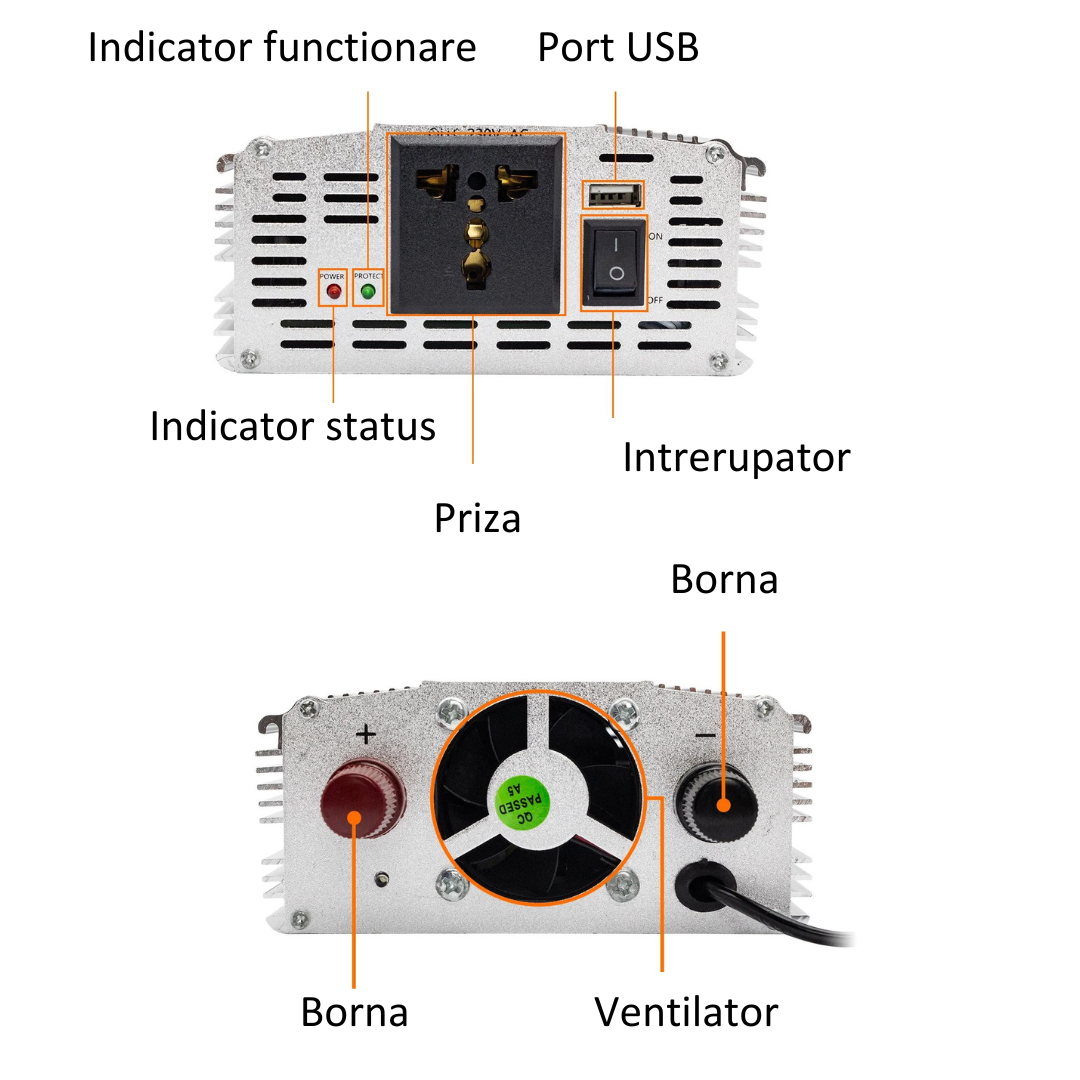 Invertor 2 in 1 cu incarcator baterii auto , 3000W 12V 220V, Port USB, Functie UPS