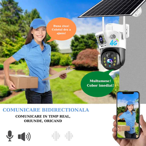 Camera Supraveghere 4G 4K Ultra HD, Dual Camera 8MP, Incarcare Solara, Rotire Din Aplicatie, Rezistenta La Apa IP 66, Card 64GB - Taggo.ro