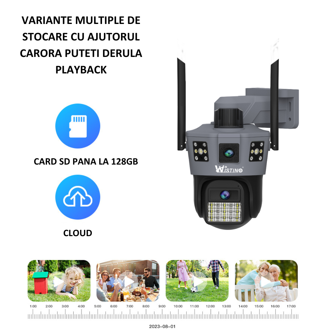 Camera de supraveghere WiFi 6K, 2 lentile, Control din aplicatie, Urmarire automata, Rezistenta la apa IP66